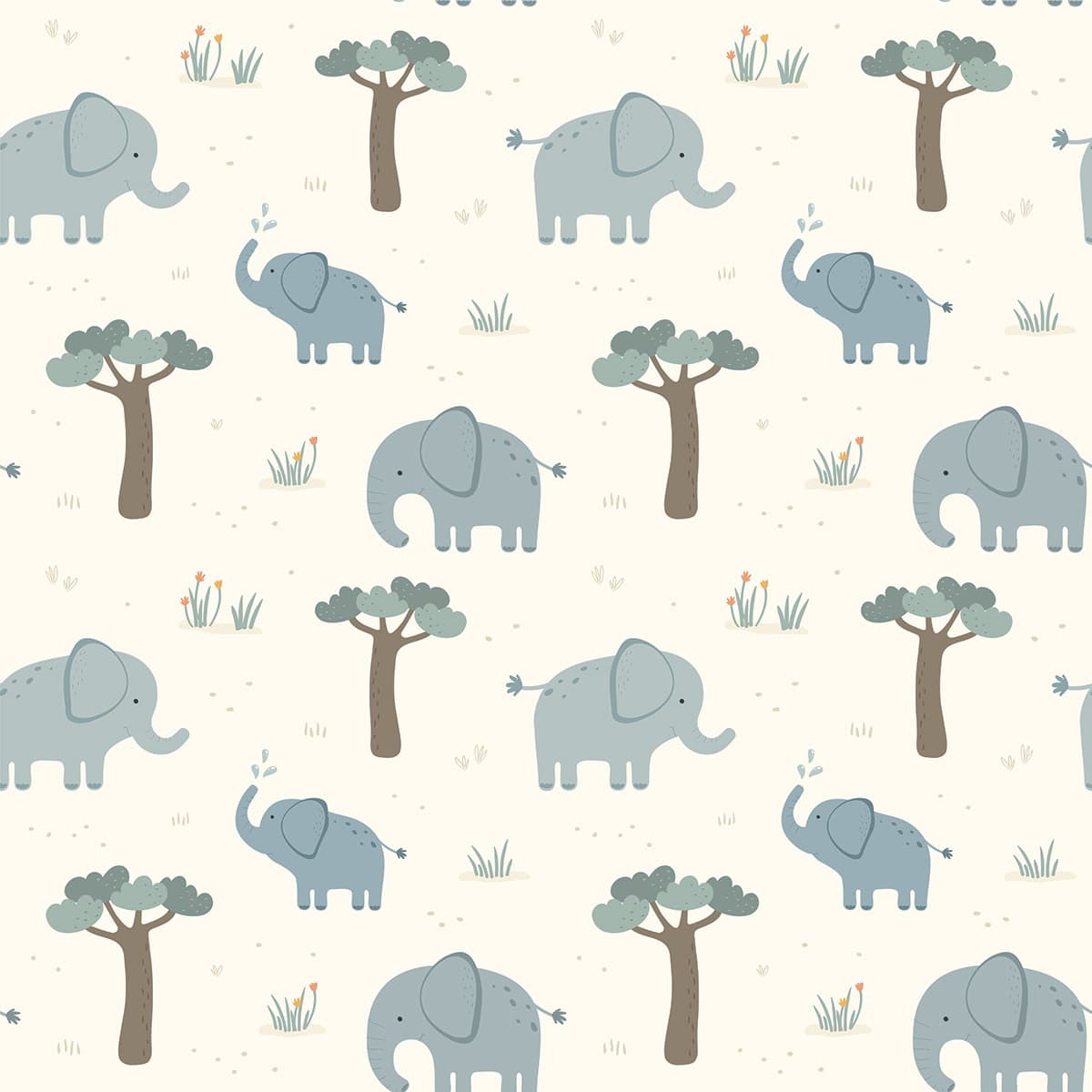 Jungle Elephants with Trees Pattern Wallpaper pattern detail