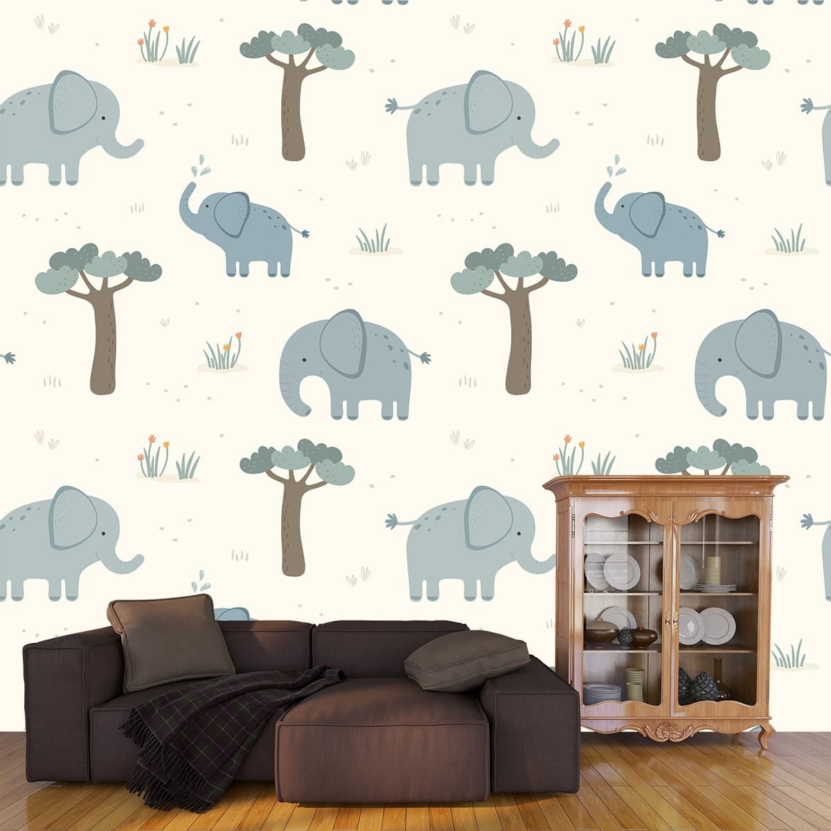 Jungle Elephants with Trees Pattern Wallpaper shown in a room
