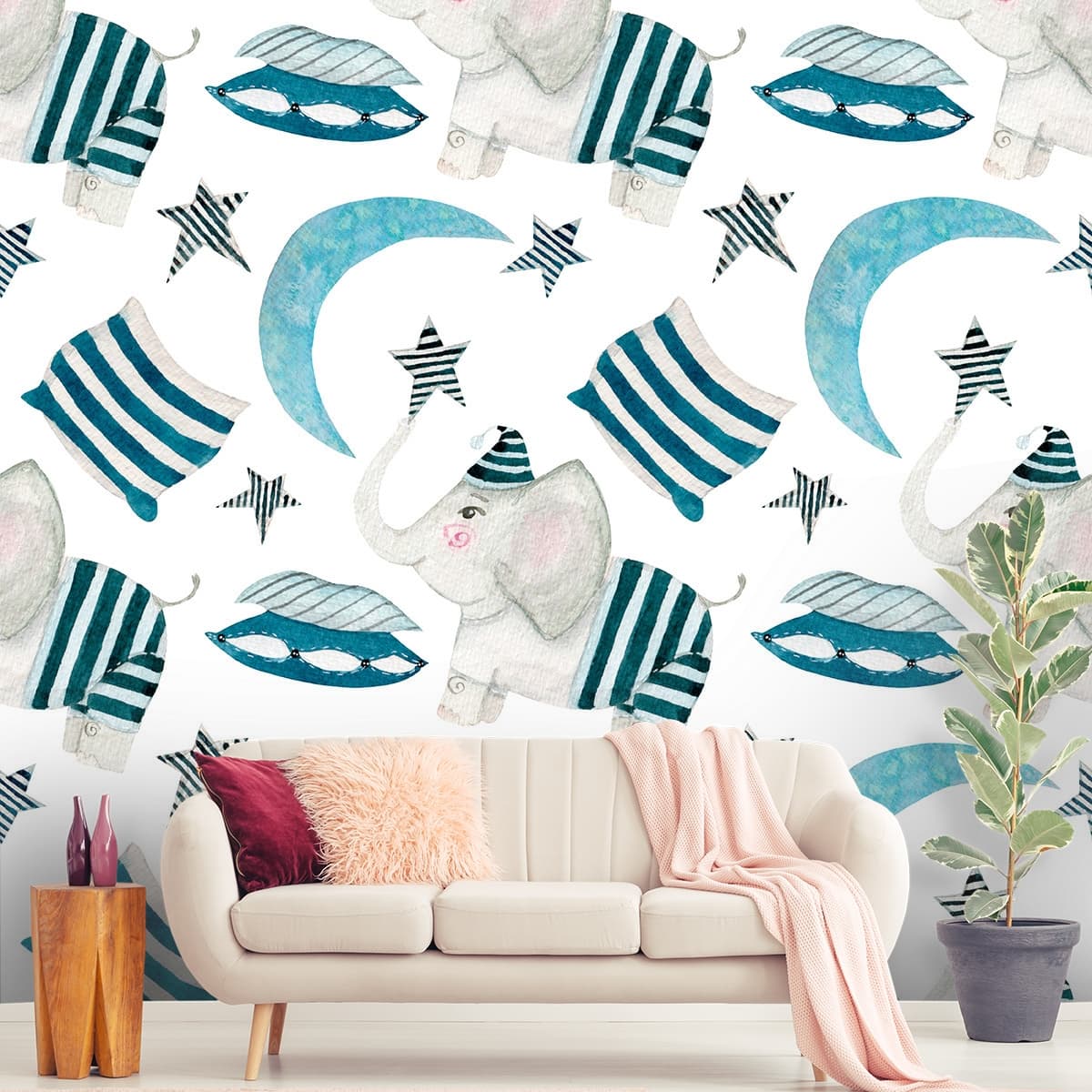 Cute Pattern of Watercolor Elephants and Stars Wallpaper shown in a room