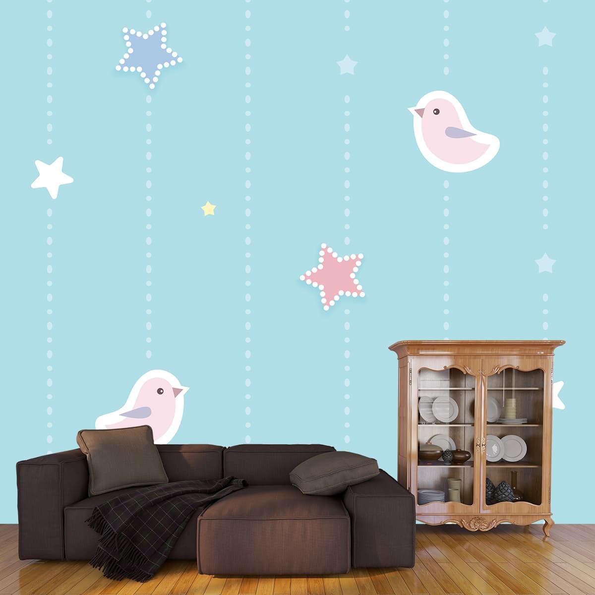 Dreamy Blue Sky with Birds and Stars Wallpaper shown in a room