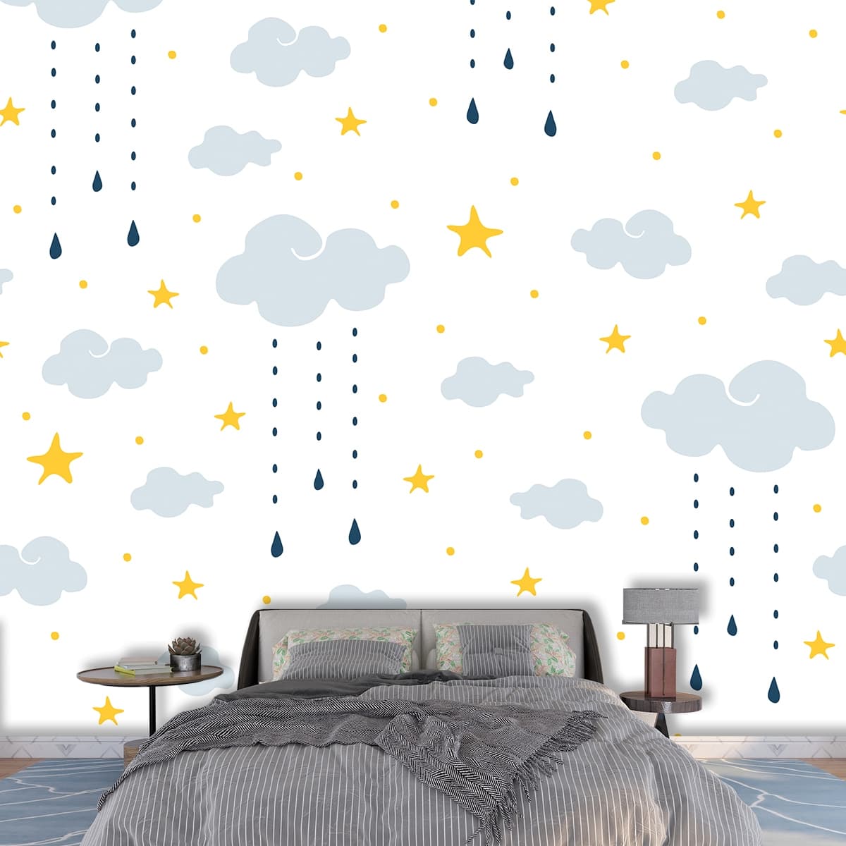 Clouds and Stars Pattern with Dreamy Sky Illustration Wallpaper shown in a room