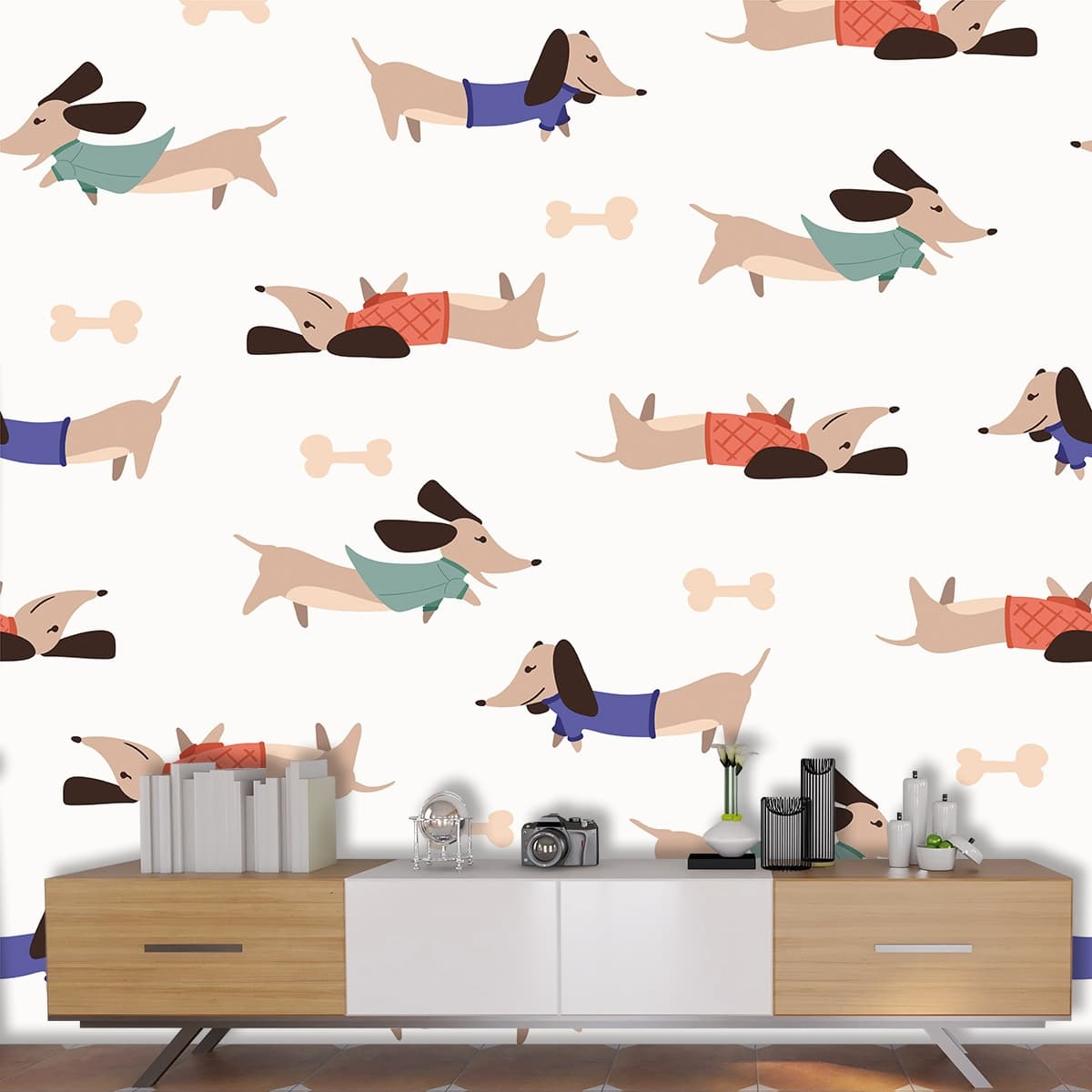 Stylish Dogs Wearing Clothes Pattern Wallpaper shown in a room