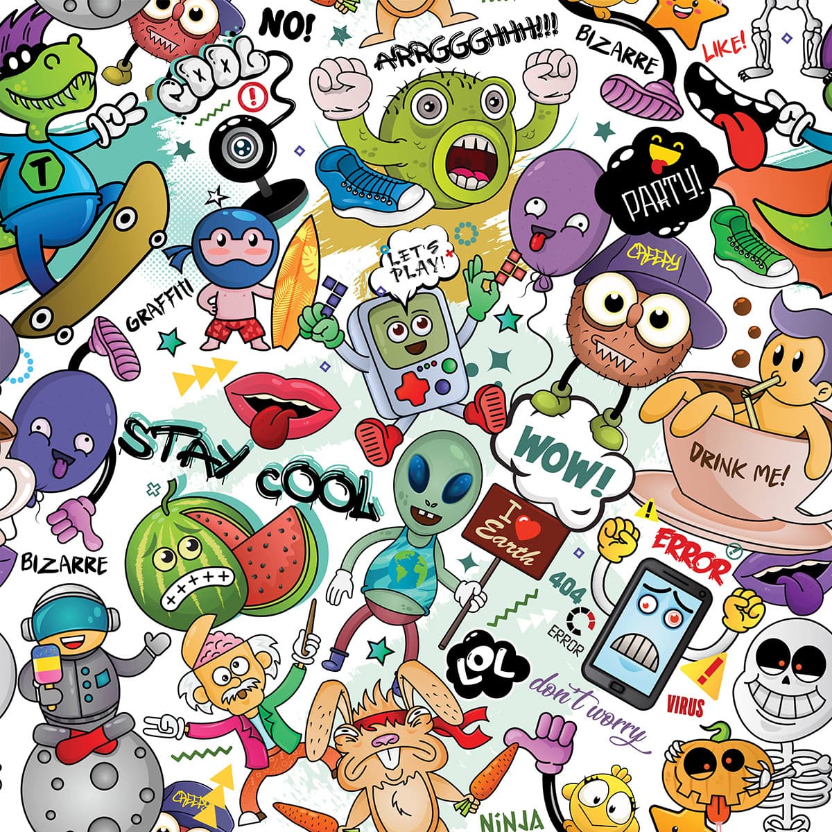 Multiple Cartoon Characters Design Wallpaper pattern detail
