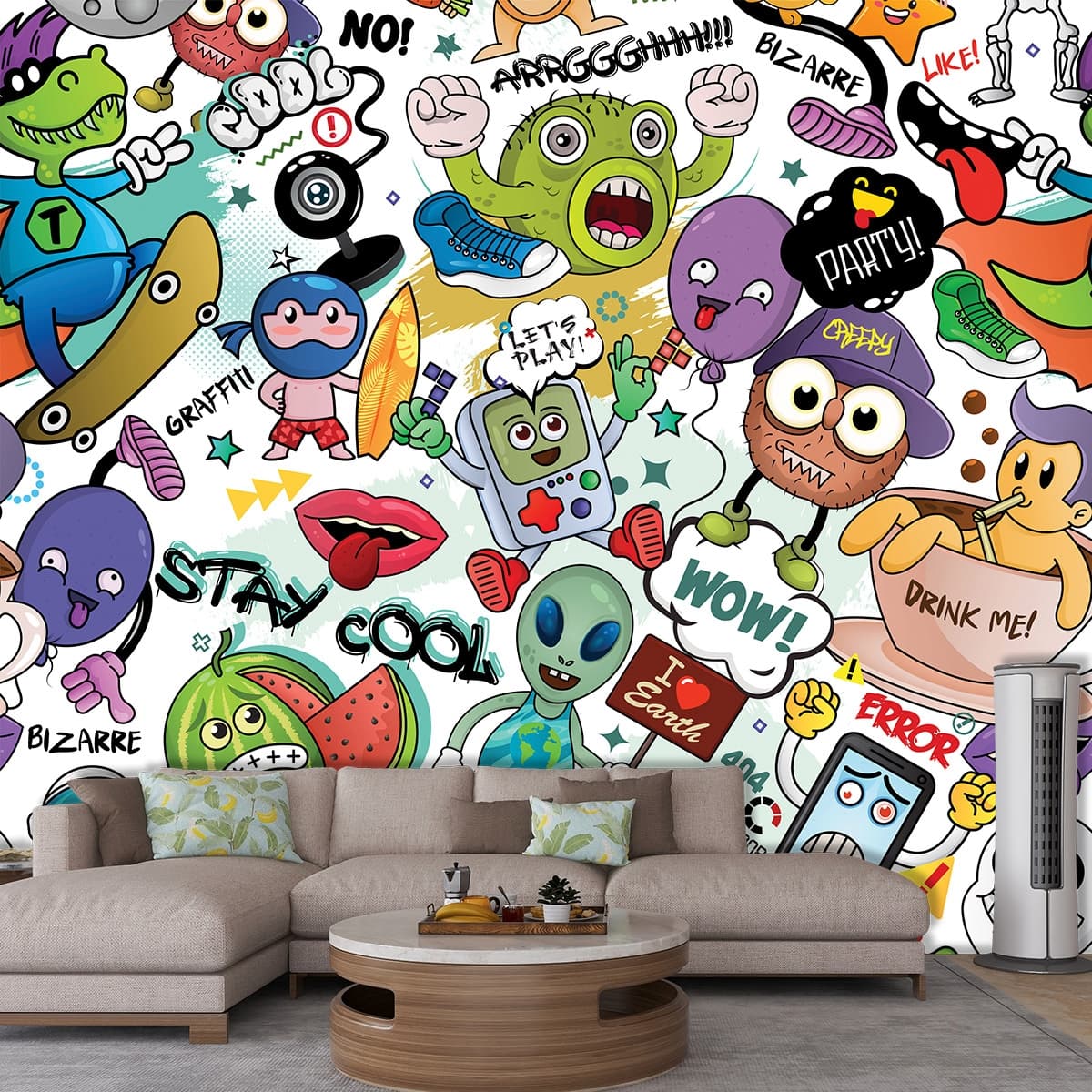 Multiple Cartoon Characters Design Wallpaper shown in a room