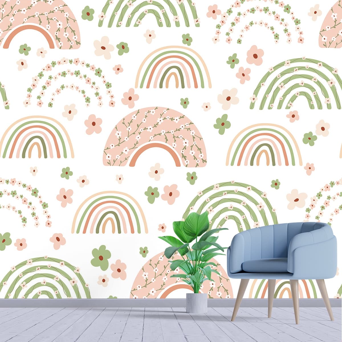 Magical Rainbows and Floral Kids Room Wallpaper Mural shown in a room