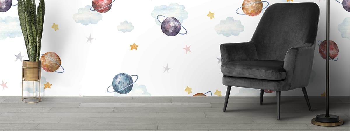 Planets and Stars Pattern Astronomy Wallpaper shown in a room