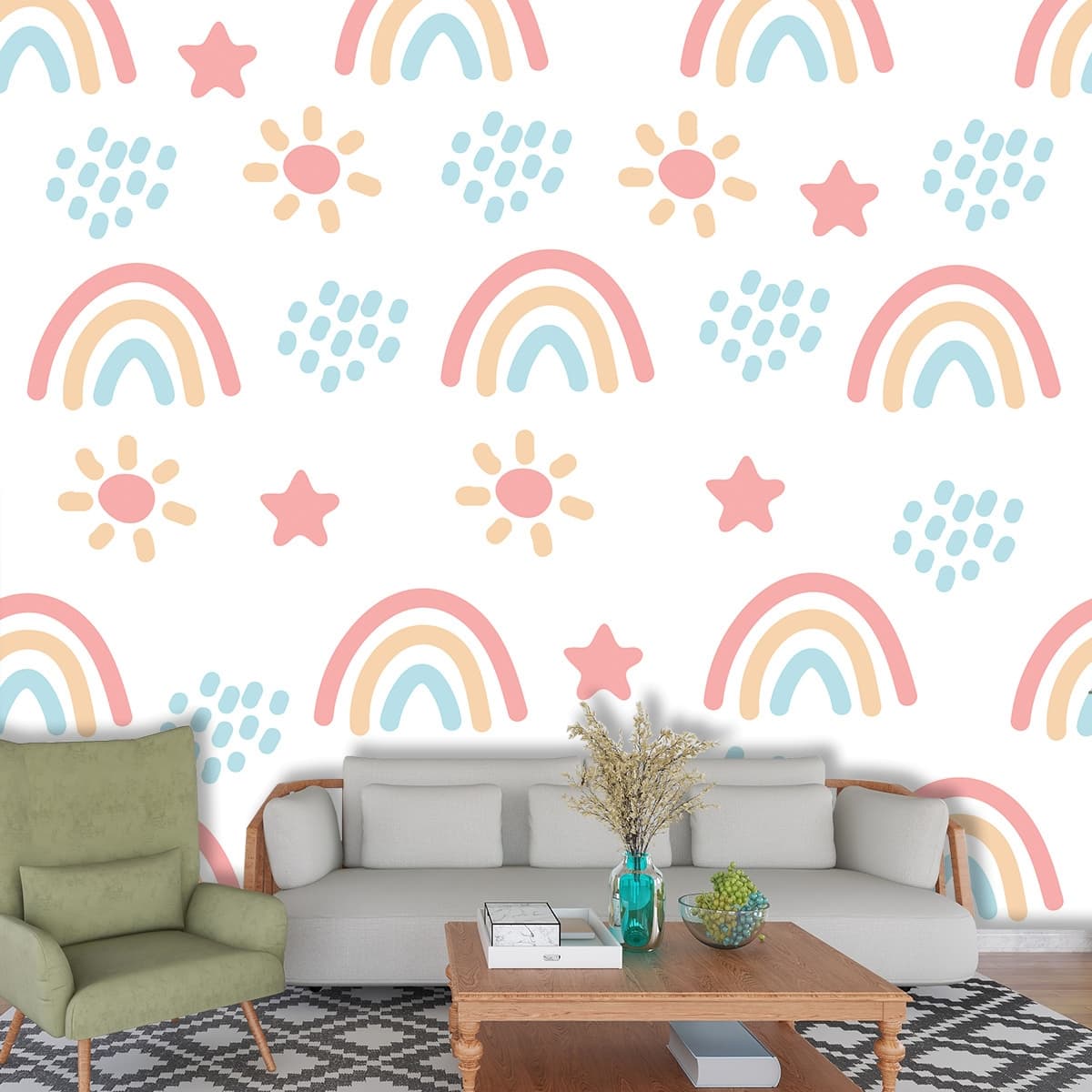 Colorful Rainbow and Sun Pattern Kids Room Wallpaper shown in a room