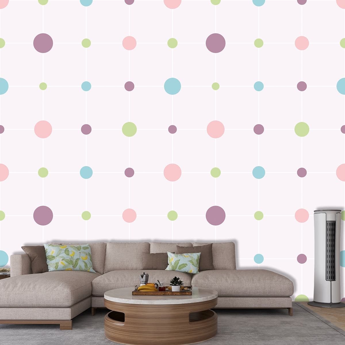 Vibrant Colorful Dots Pattern in a Playful Abstract Style Wallpaper shown in a room