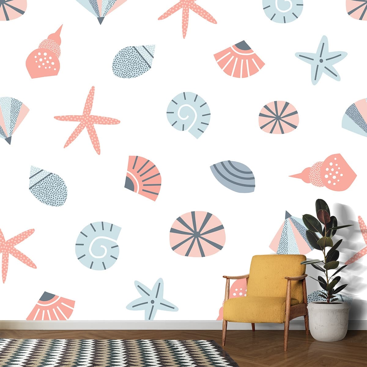 Seamless Seashell Pattern Coastal Style Wallpaper shown in a room