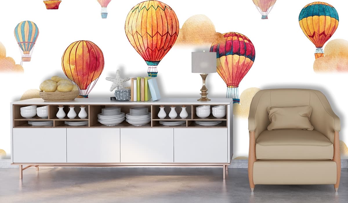 Colorful Hot Air Balloons Pattern Wallpaper shown in a room