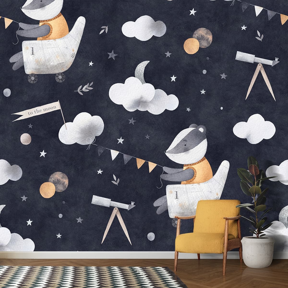 Pattern of a Raccoon Wallpaper with Cute Animal Design shown in a room