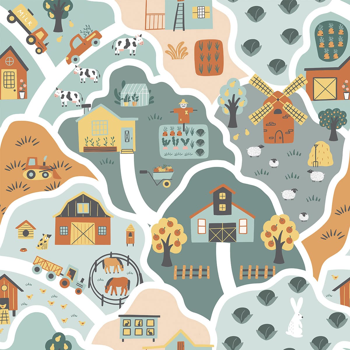 Cute Farm Map Landscape Cartoon Wallpaper pattern detail