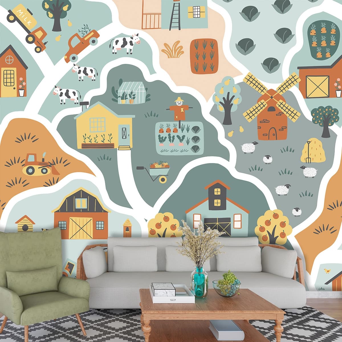 Cute Farm Map Landscape Cartoon Wallpaper shown in a room
