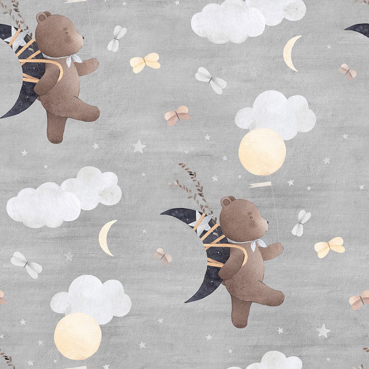 Cute Teddy Bear Pattern Kids Room Wallpaper pattern detail
