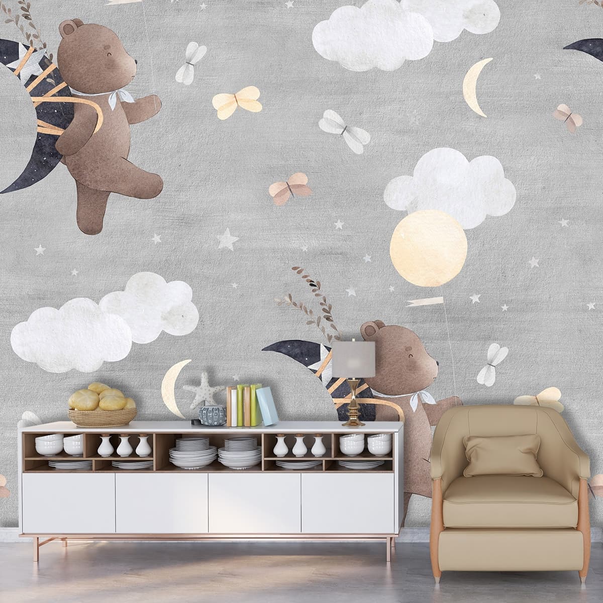 Cute Teddy Bear Pattern Kids Room Wallpaper shown in a room