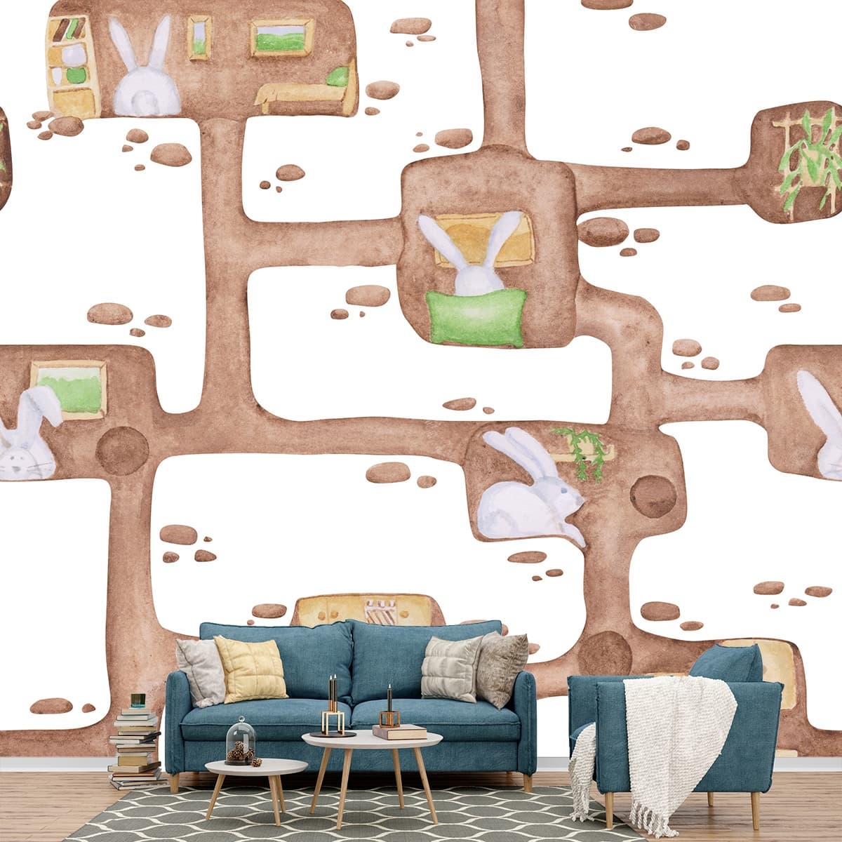 Cute Rabbit Drawing Kids Room Wallpaper shown in a room