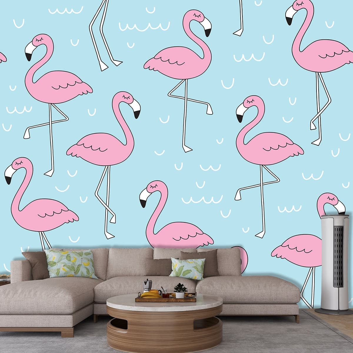 Pink Flamingos Pattern Exotic Wallpaper shown in a room