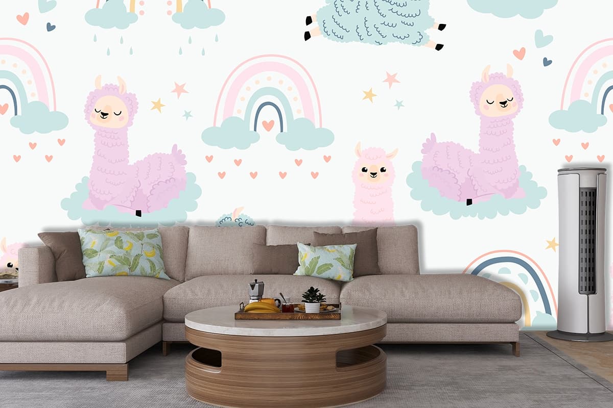 Llamas and Rainbows Pattern Playful Wallpaper shown in a room
