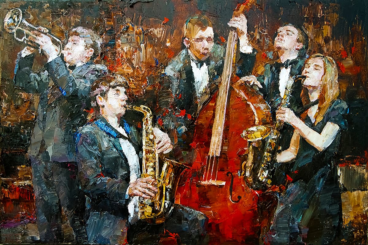 People Playing Instruments Painting Music Scene wallpaper pattern detail