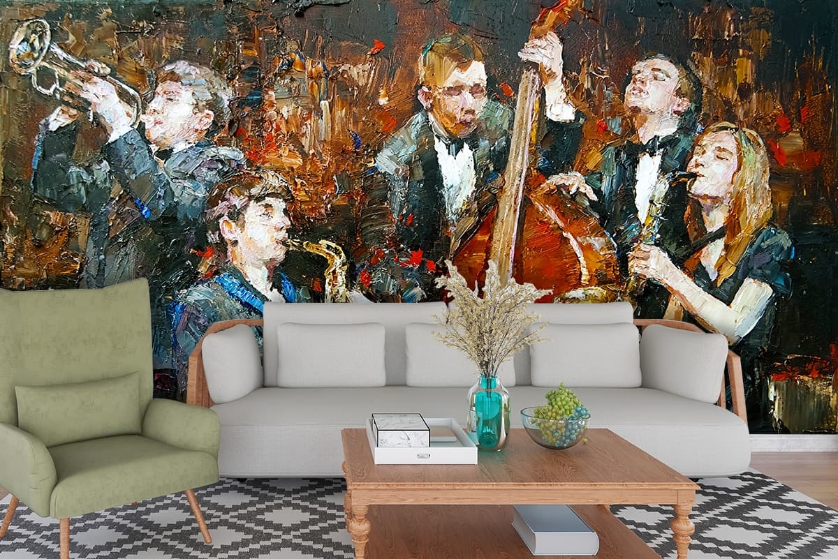 People Playing Instruments Painting Music Scene wallpaper shown in a room