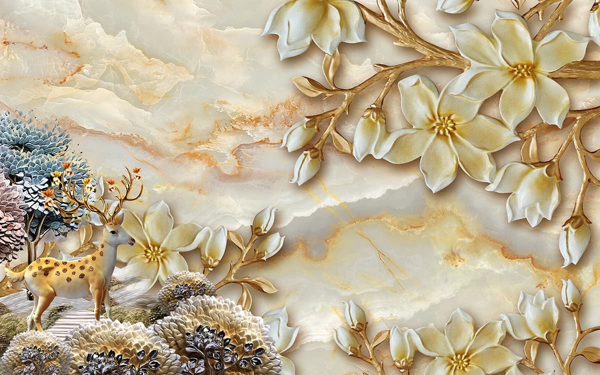 Vintage Style Deer with Floral Pattern Wallpaper pattern detail