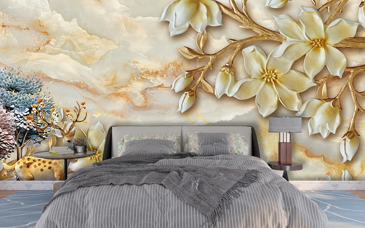 Vintage Style Deer with Floral Pattern Wallpaper shown in a room