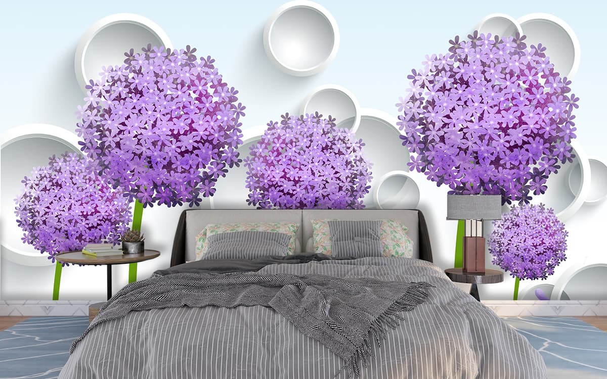 Blooming Purple Flowers Garden Theme Decor Wallpaper shown in a room