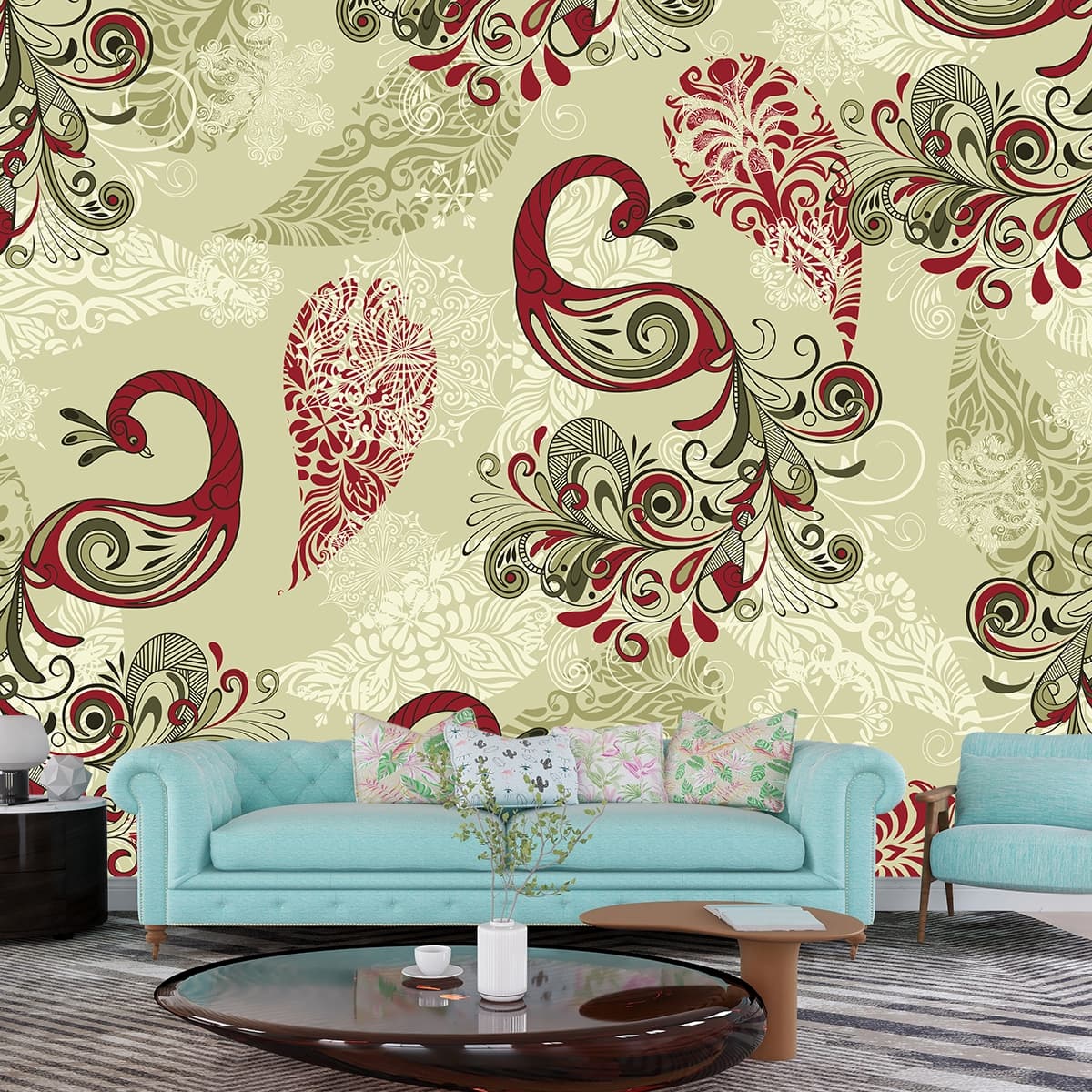 Aesthetic Red Green Peacock Pattern Wall Wallpaper shown in a room