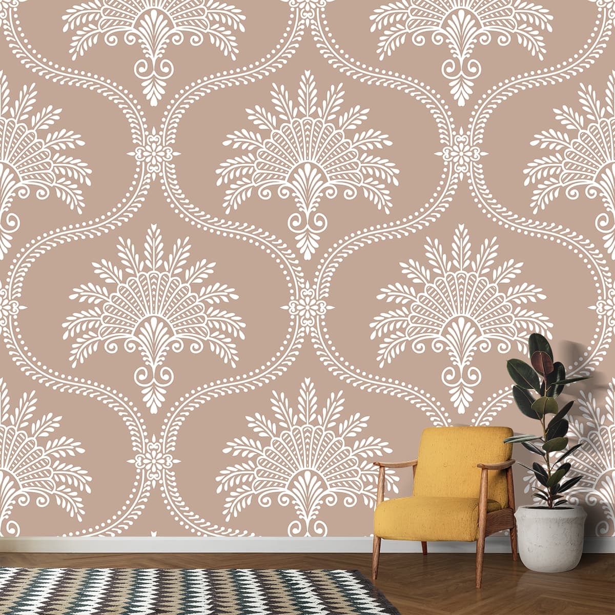 A pattern of white and pink flowers shown in a room