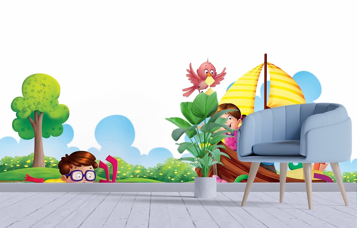 Cute Kids Boat Adventure Cartoon Wallpaper shown in a room