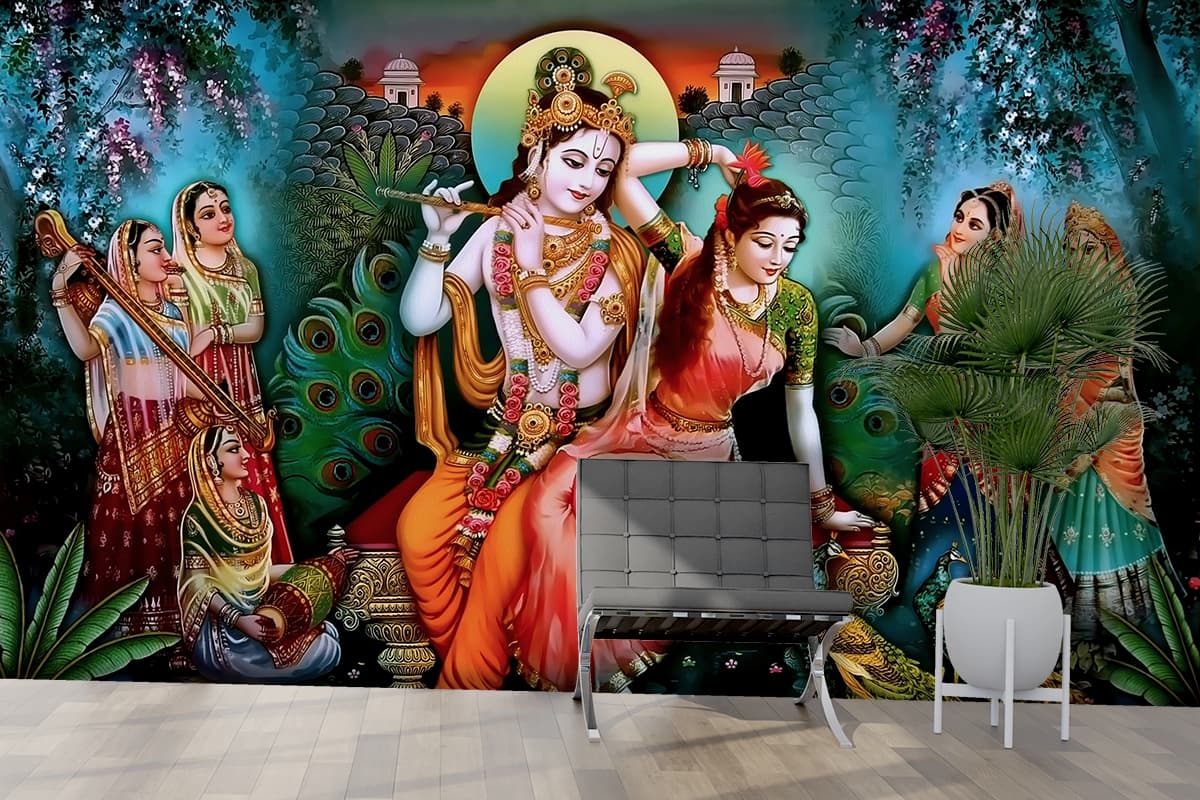 Radhe Krishna and Sakhi's Wallpaper Mural for Wall shown in a room