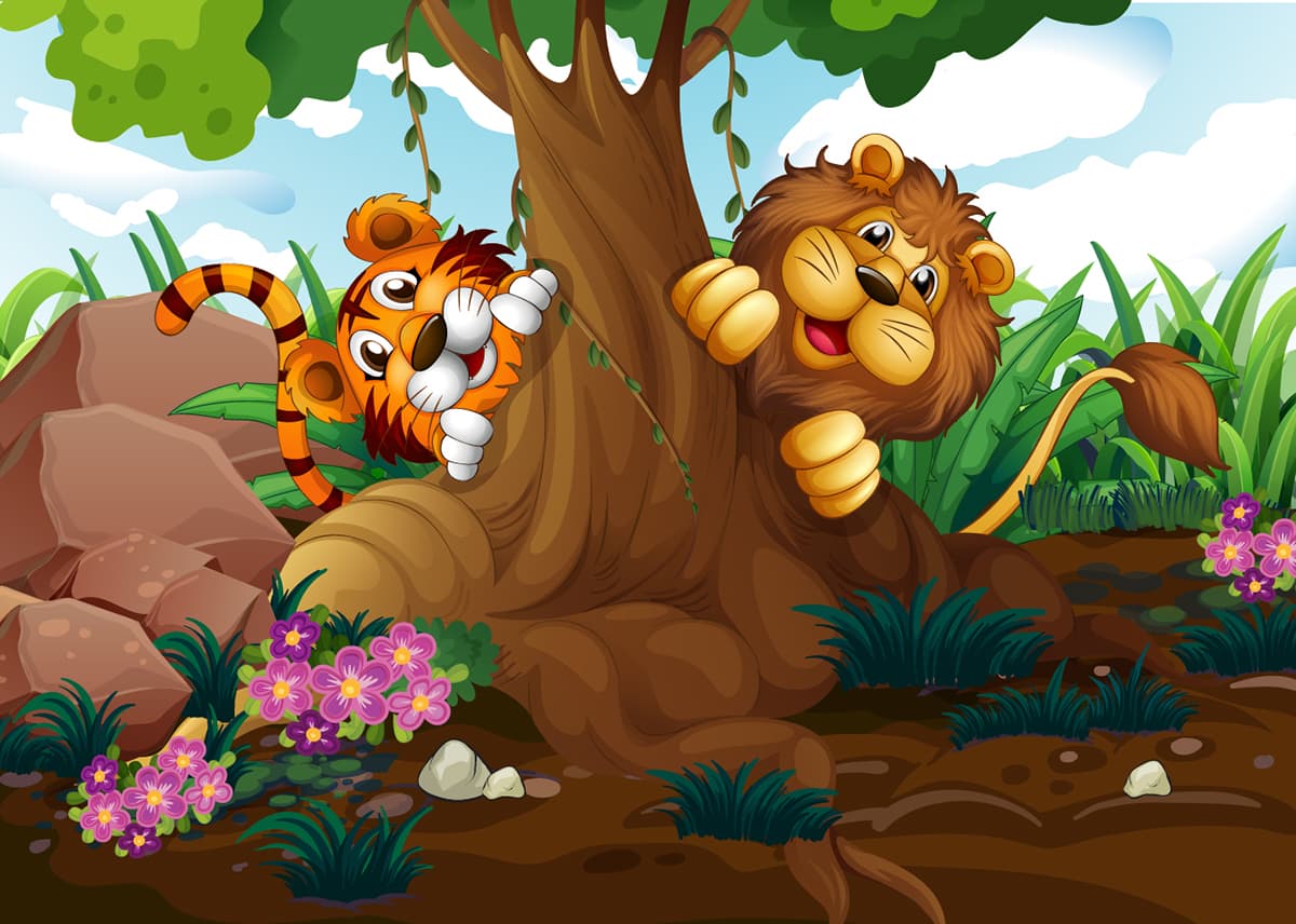 Smiling Lion And Tiger Kids Room Wallpaper pattern detail