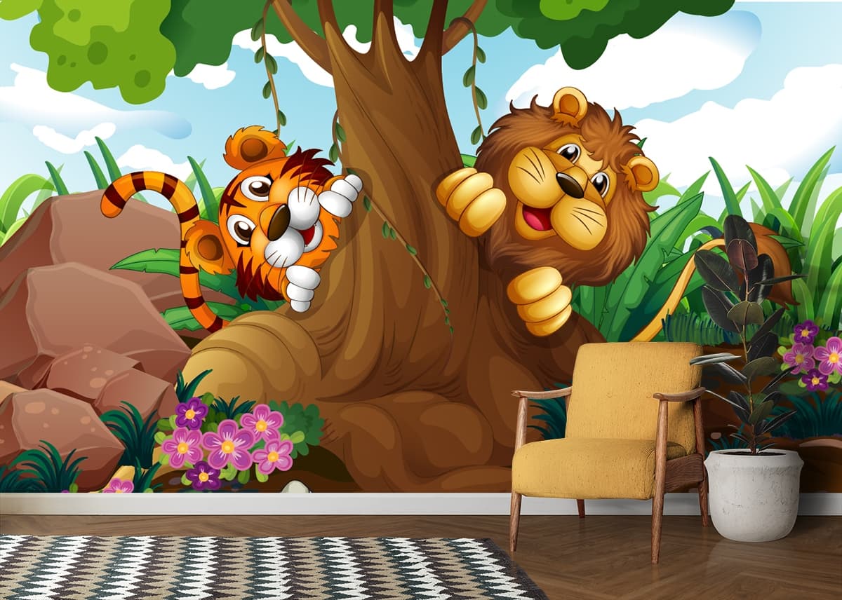 Smiling Lion And Tiger Kids Room Wallpaper shown in a room