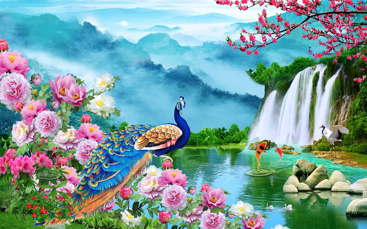 Peacock and Waterfall Nature Scene Wallpaper pattern detail