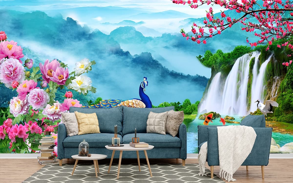 Peacock and Waterfall Nature Scene Wallpaper shown in a room