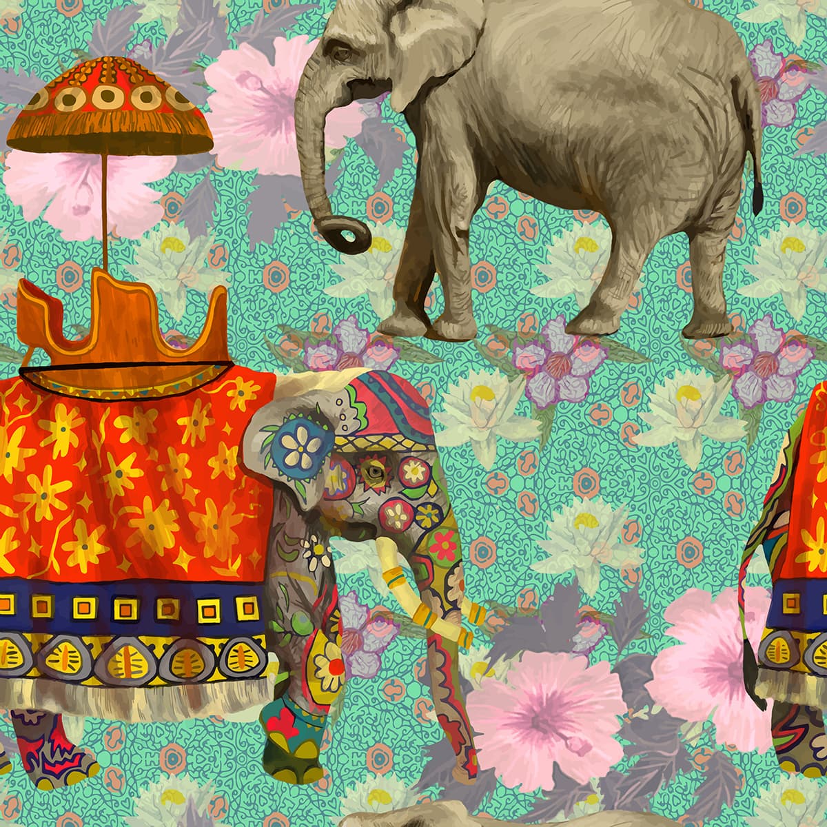 Exotic Elephants with Flowers Design Wallpaper pattern detail