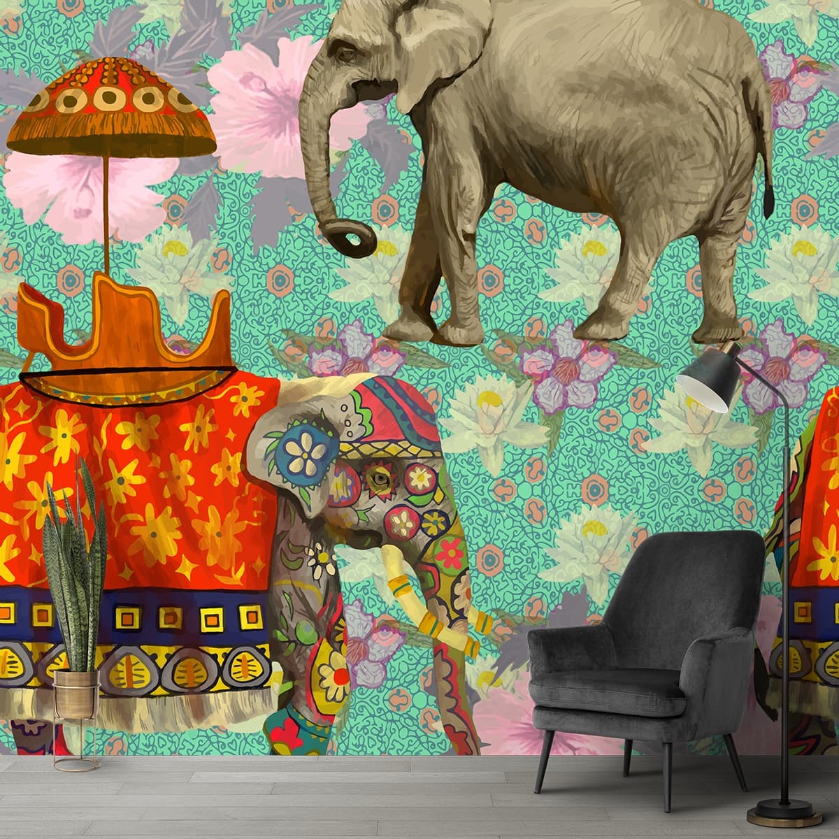 Exotic Elephants with Flowers Design Wallpaper shown in a room