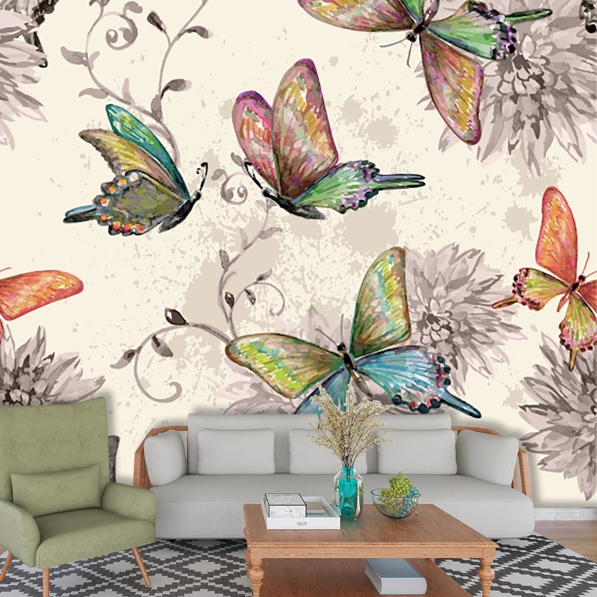 Colorful Butterflies and Flowers Pattern Kids Room wallpaper shown in a room