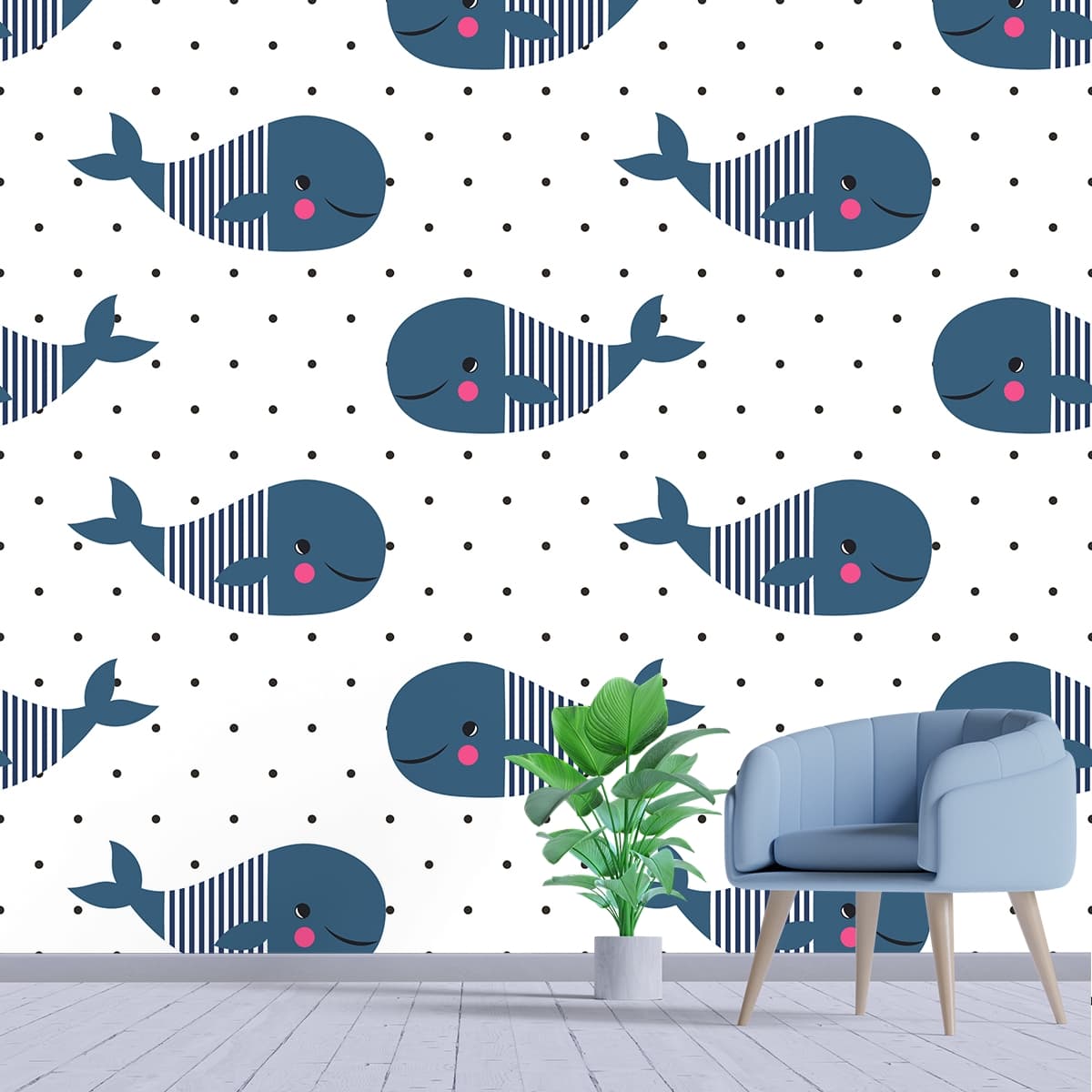 Blue Whale Pattern Ocean Theme Kids Room Wallpaper shown in a room
