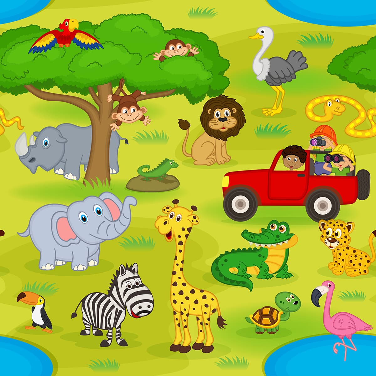 Cute Cartoon Animals in a Field Kids Wallpaper pattern detail