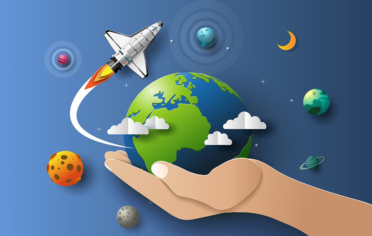 Imagination Hand Holding Planet and Rocket Wallpaper pattern detail