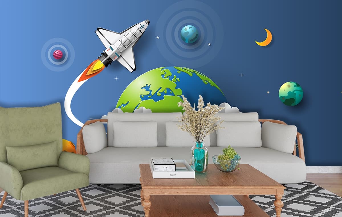 Imagination Hand Holding Planet and Rocket Wallpaper shown in a room