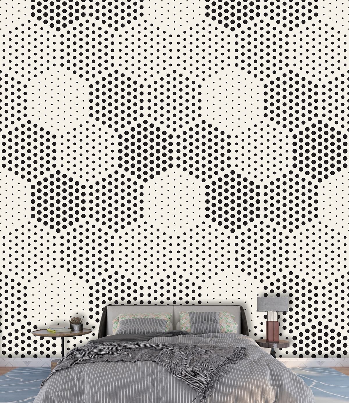 Modern hexagon grid in black white geometric style wallpaper shown in a room