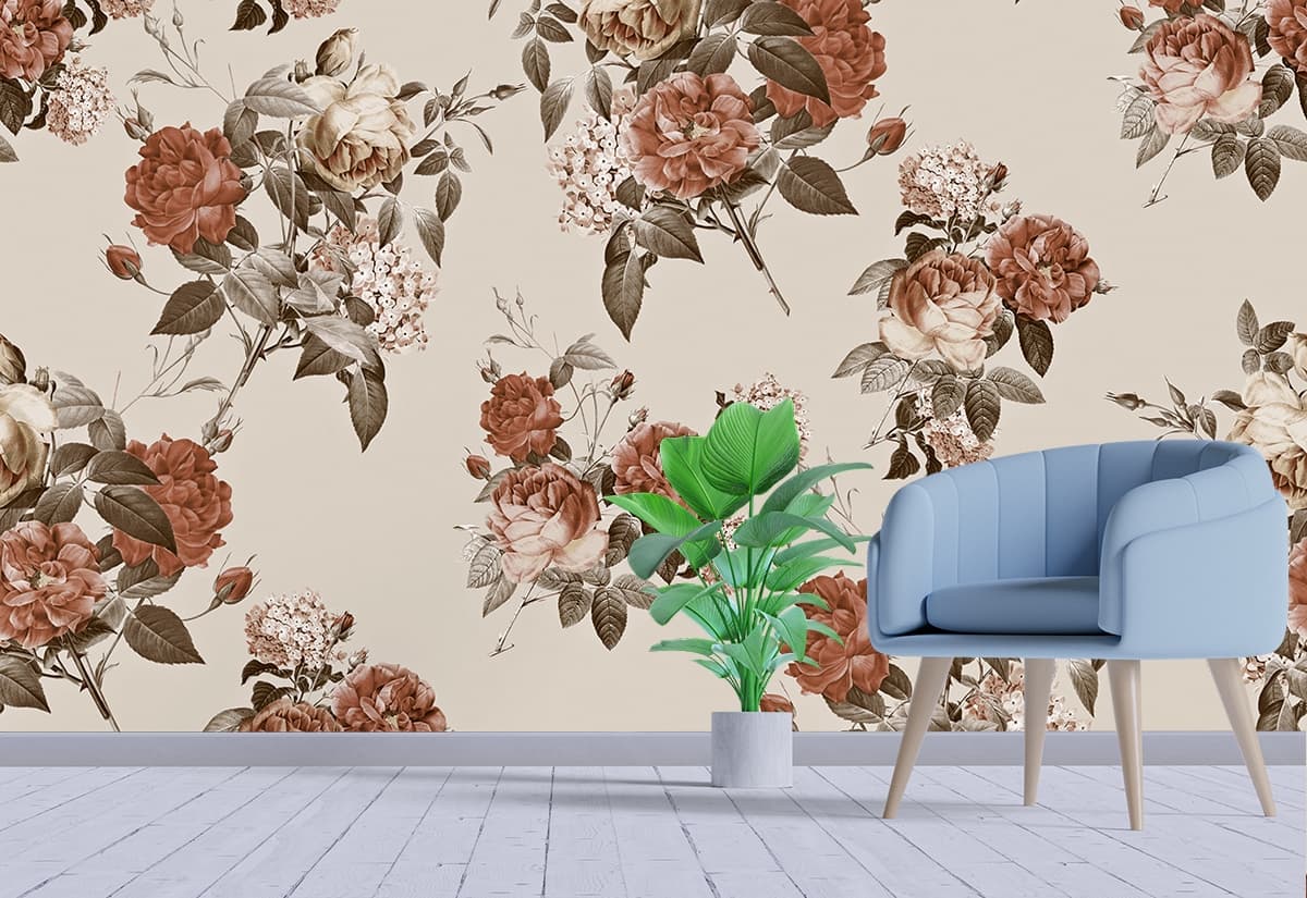 A pattern of flowers on a wall shown in a room