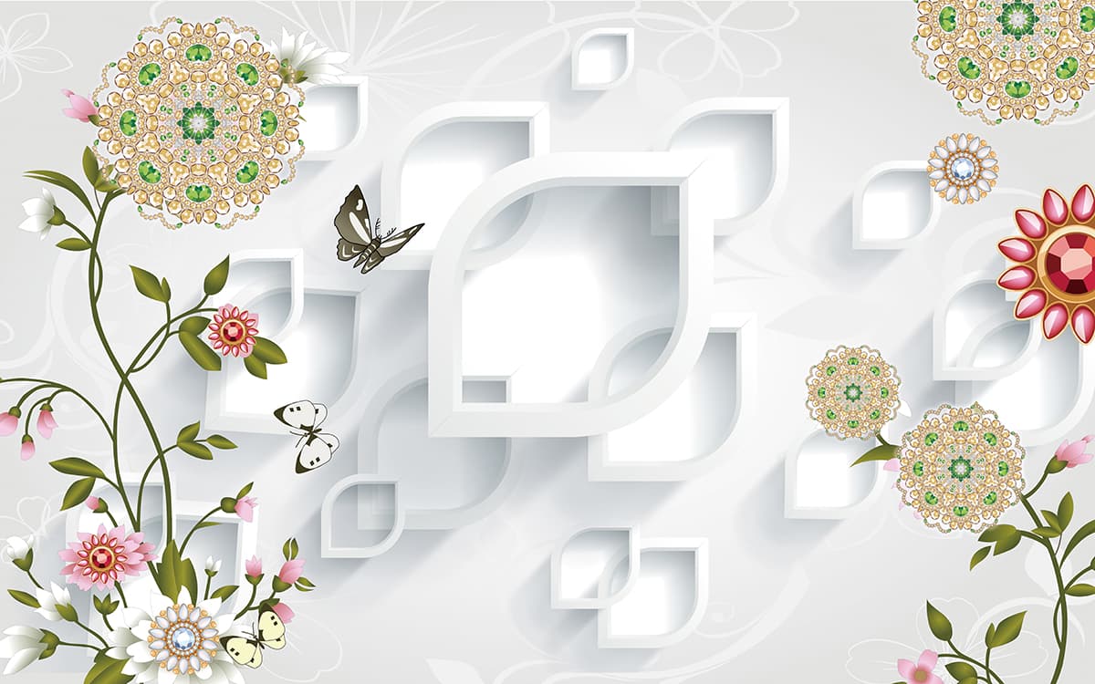 A Wallpaper of White Background with Flowers and Butterflies pattern detail