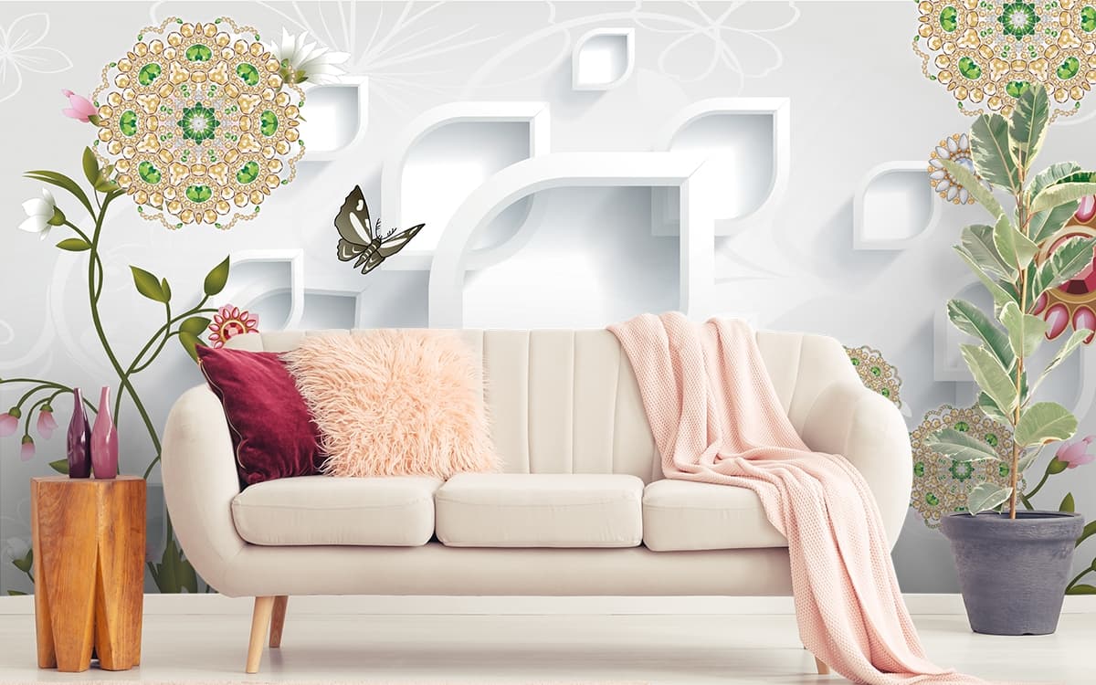 A Wallpaper of White Background with Flowers and Butterflies shown in a room