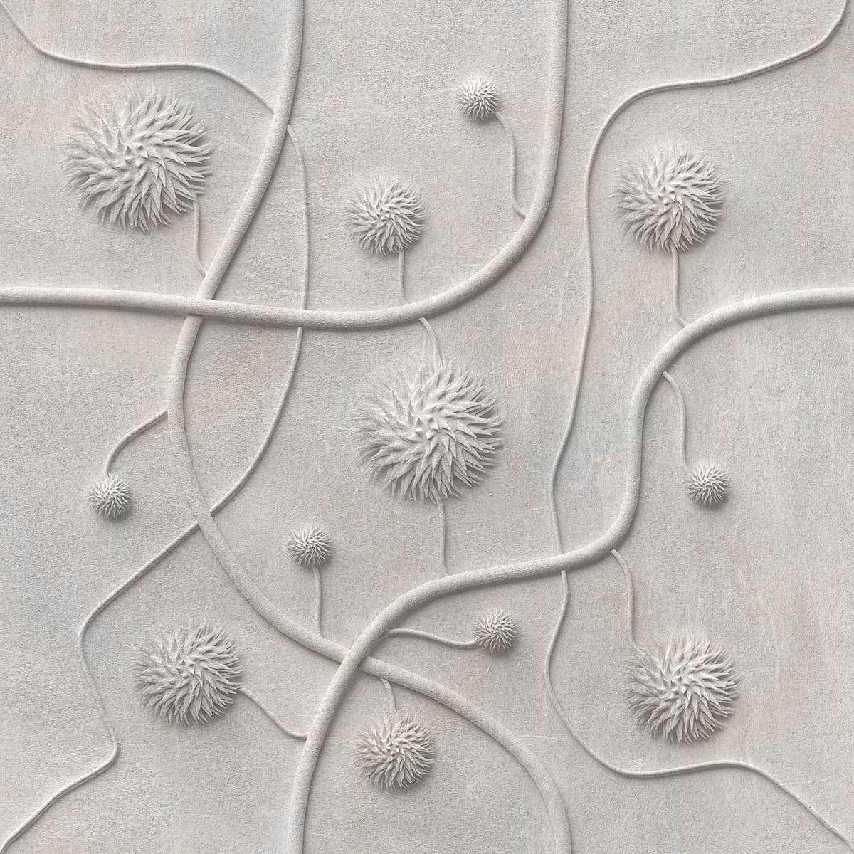 A white wall with white balls and lines pattern detail