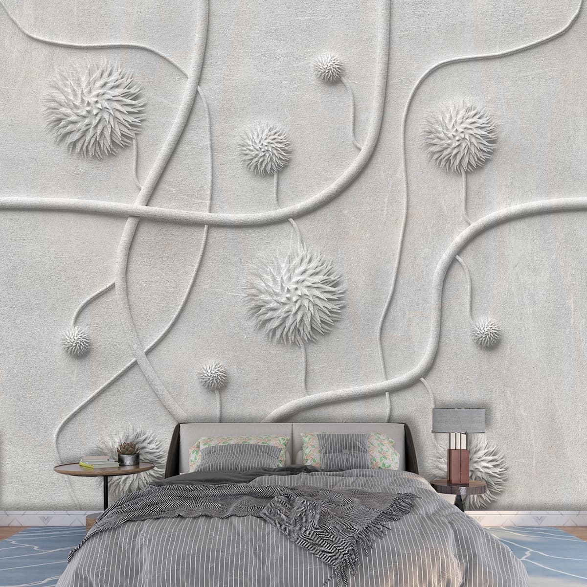 A white wall with white balls and lines shown in a room