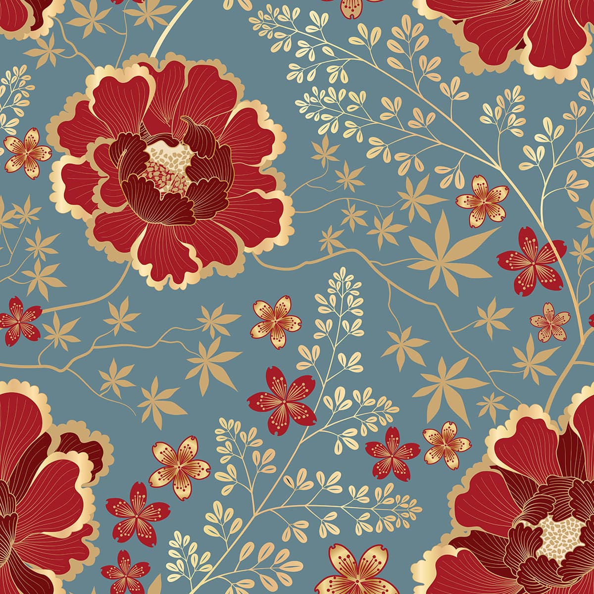 Premium Red and Gold Floral Design Wall Wallpaper pattern detail