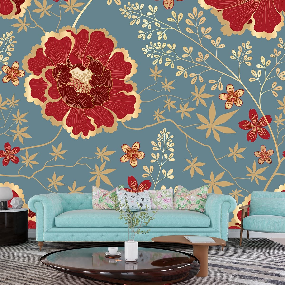 Premium Red and Gold Floral Design Wall Wallpaper shown in a room